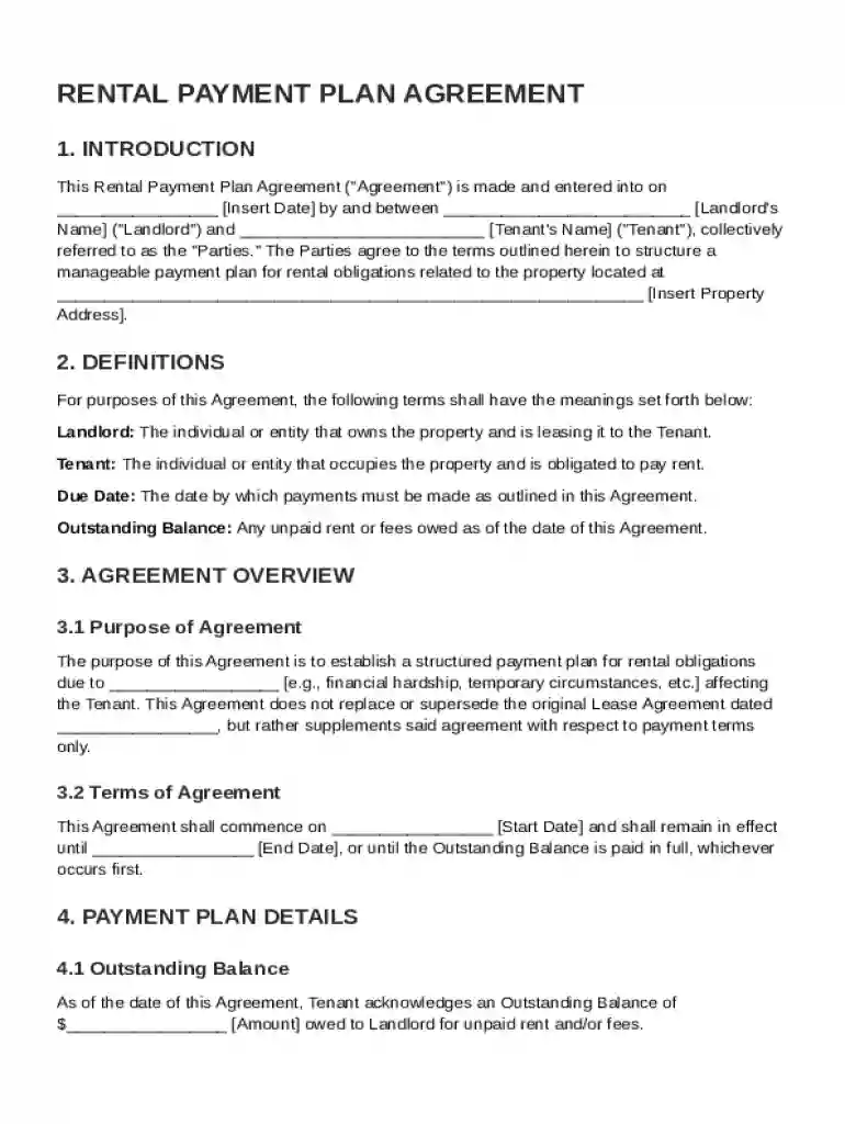 Rental Payment Plan Agreement Template Preview on Page 1