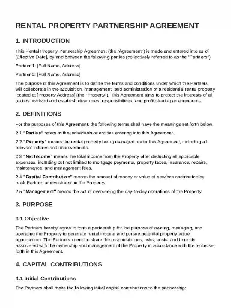 Rental Property Partnership Agreement Template Preview on Page 1