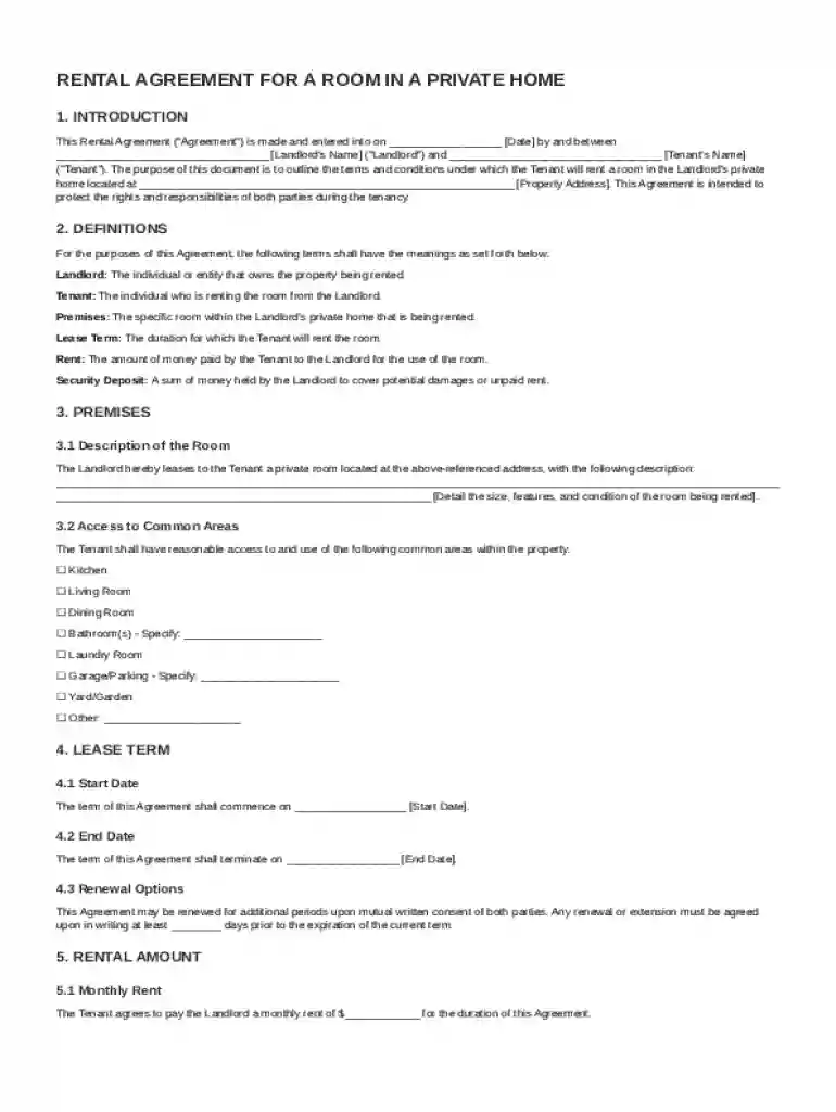 Rental for a Room in a Private Home Agreement Template Preview on Page 1