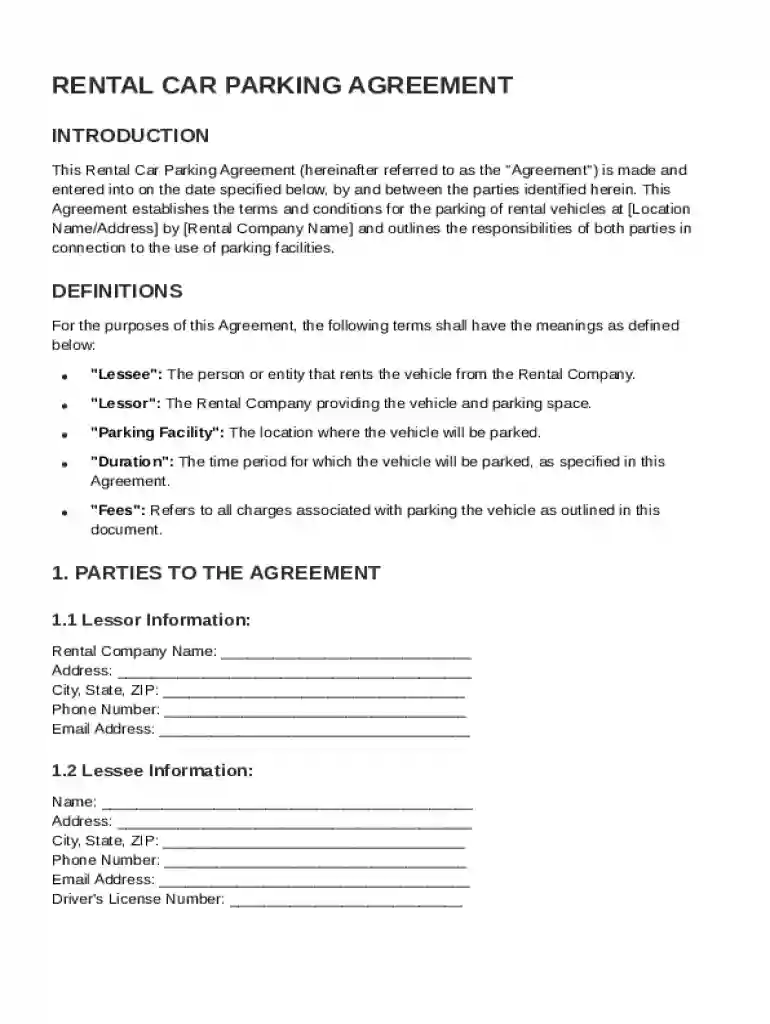 Rentalcar Parking Agreement Template Preview on Page 1