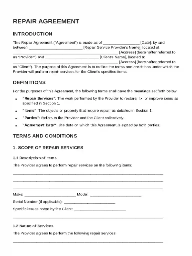 Repair Agreement Template Preview on Page 1