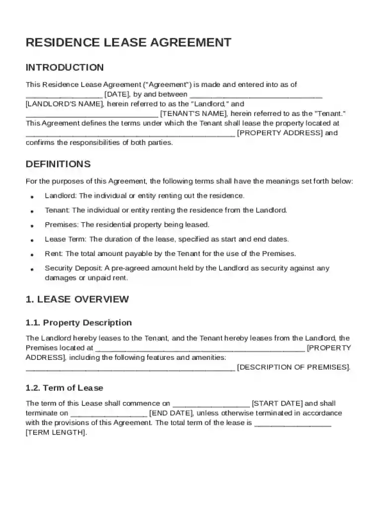 Residence Lease Agreement Template Preview on Page 1