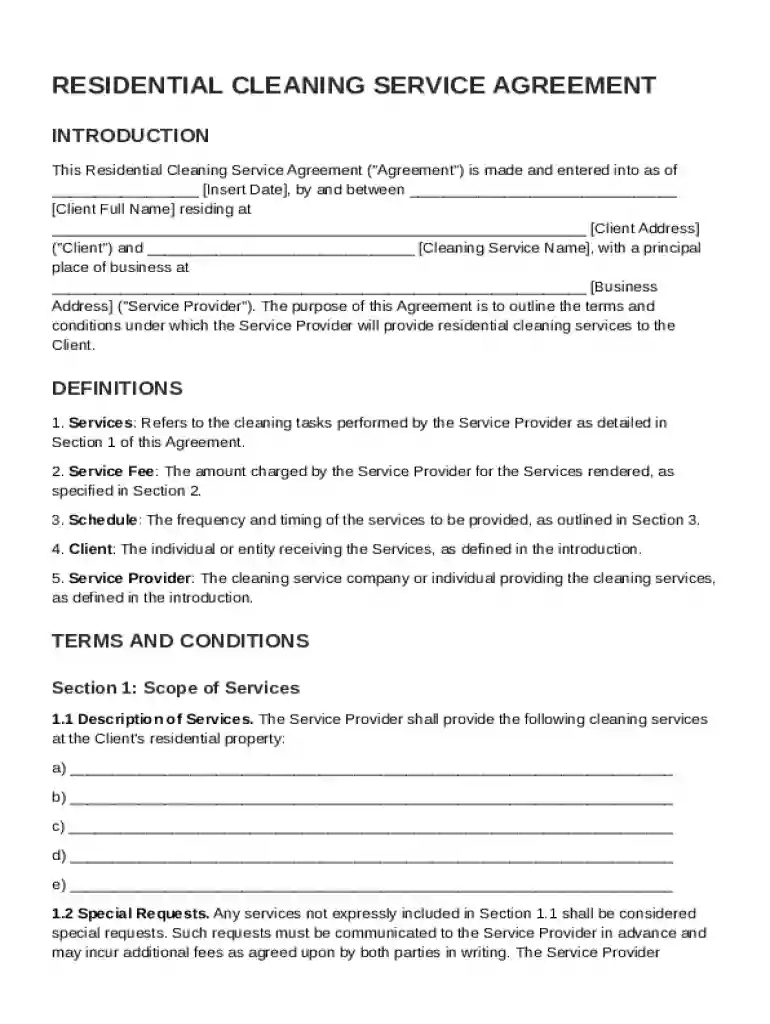 Residential Cleaning Service Agreement Template Preview on Page 1