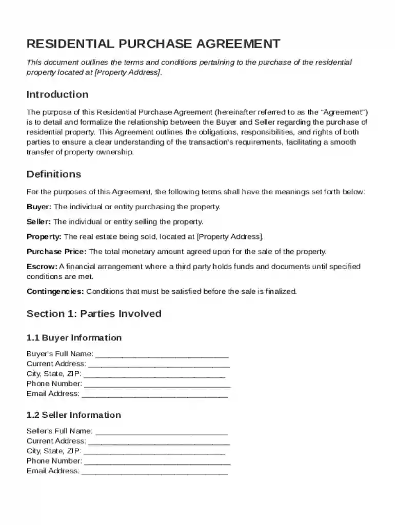 Residential Purchase Agreement Template Preview on Page 1