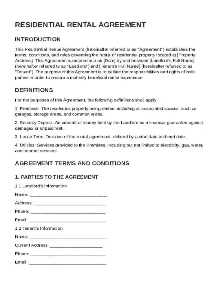 Residential Rental Agreement Template Preview on Page 1