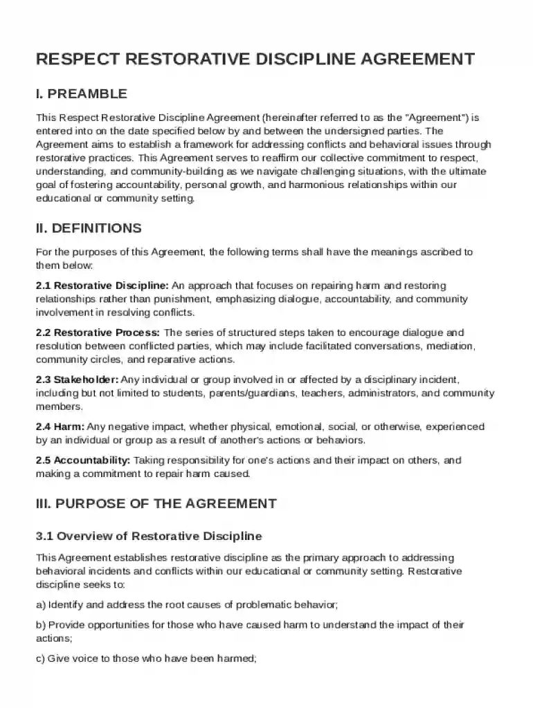 Respect Restorative Discipline Agreement Template Preview on Page 1