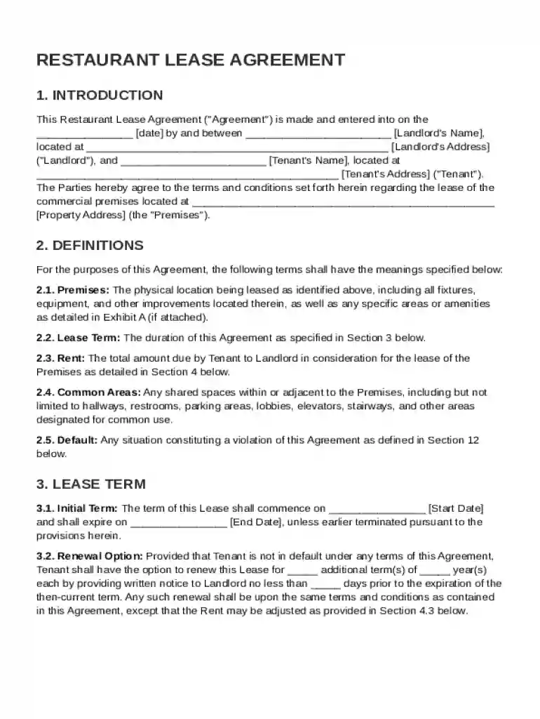 Restaurant Lease Agreement Template Preview on Page 1