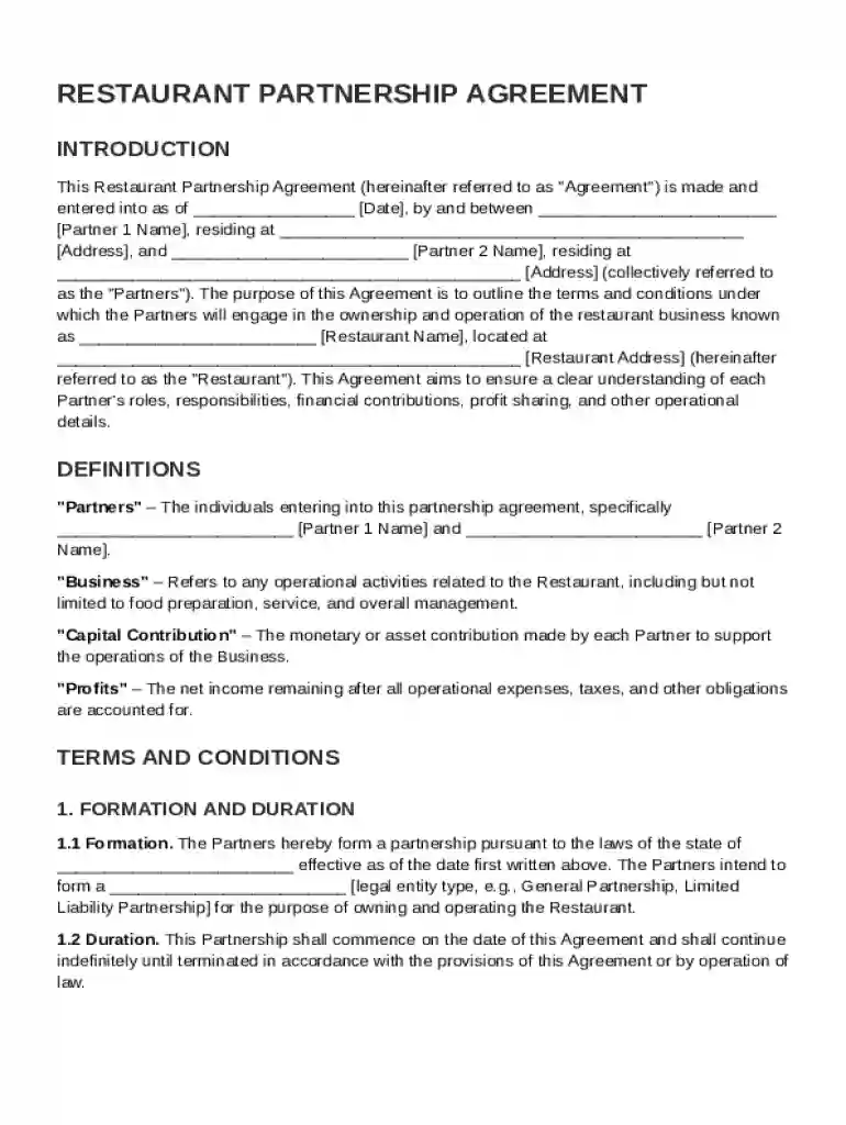 Restaurant Partnership Agreement Template Preview on Page 1