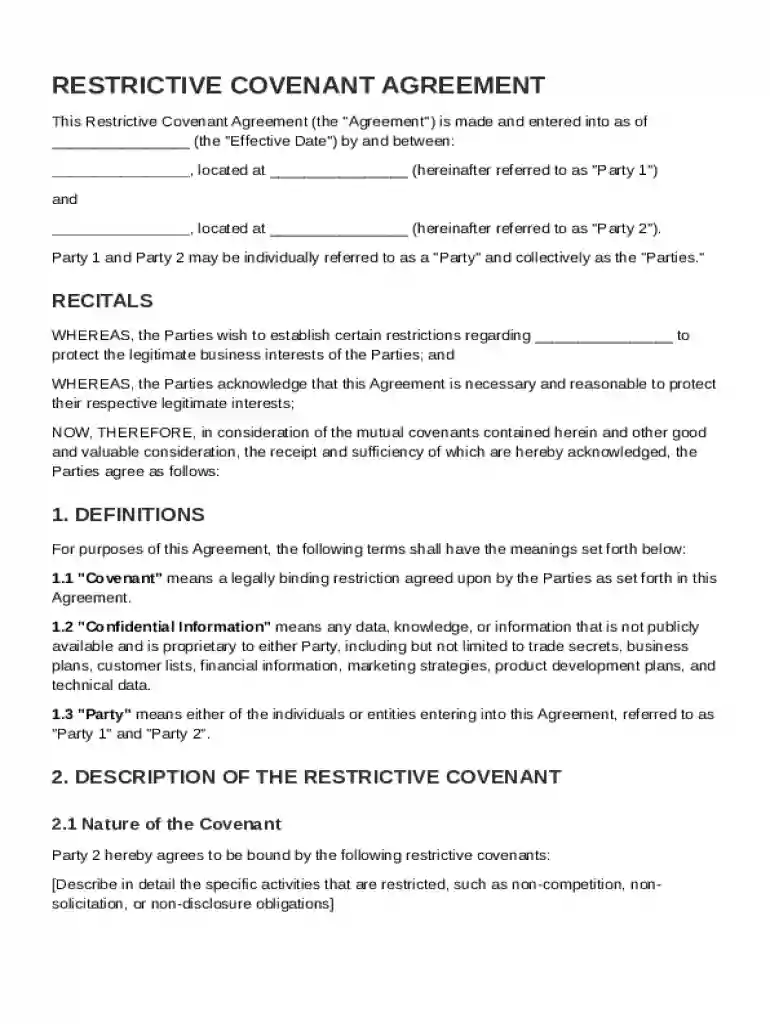 Restrictive Covenant Agreement Template Preview on Page 1
