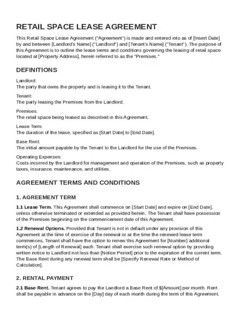 Retail Space Lease Agreement Template Preview on Page 1