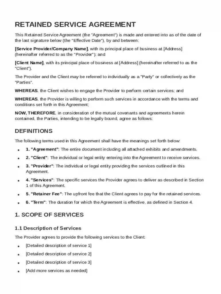 Retained Service Agreement Template Preview on Page 1