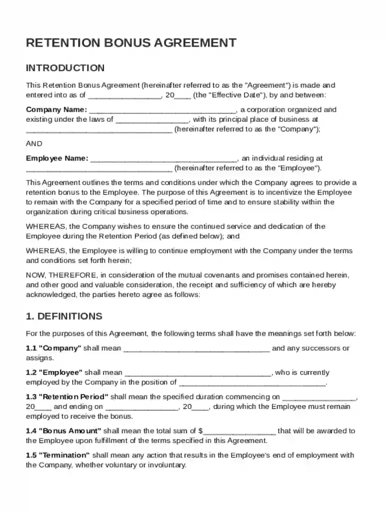 Retention Bonus Agreement Template Preview on Page 1