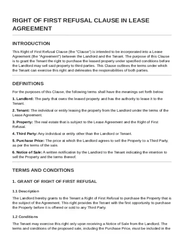 Right of First Refl Clause in Lease Agreement Template Preview on Page 1