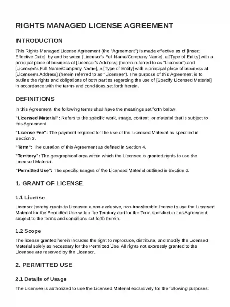 Rights Managed License Agreement Template Preview on Page 1