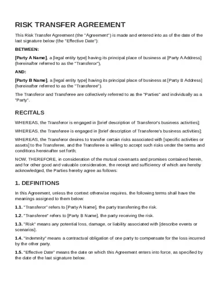 Risk Transfer Agreement Template Preview on Page 1