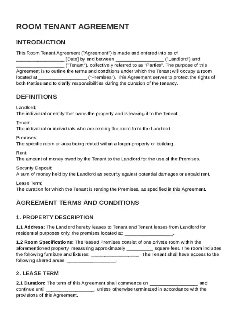 Room Tenant Agreement Template Preview on Page 1