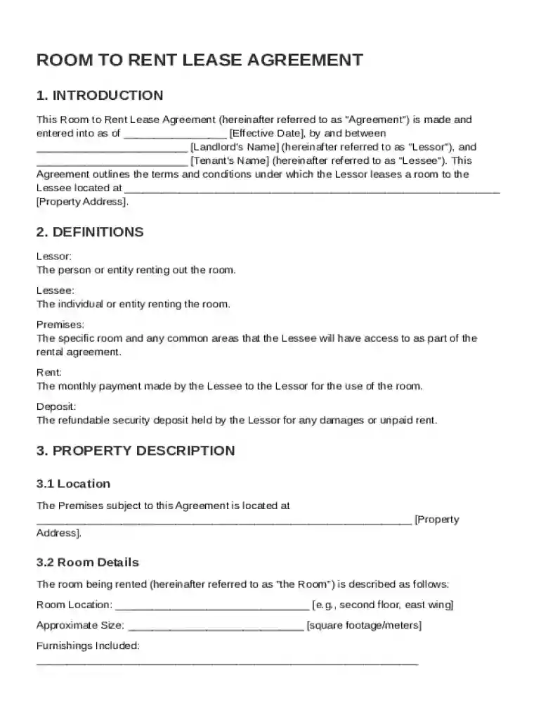 Room to Rent Lease Agreement Template Preview on Page 1