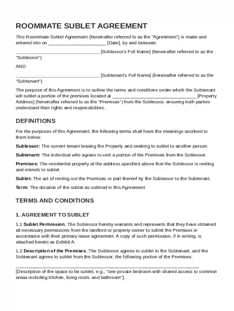 Roommate Sublet Agreement Template Preview on Page 1