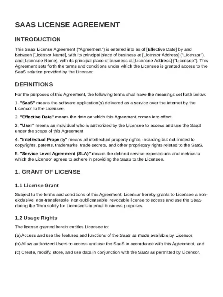 SaaS License Agreement Template Preview on Page 1