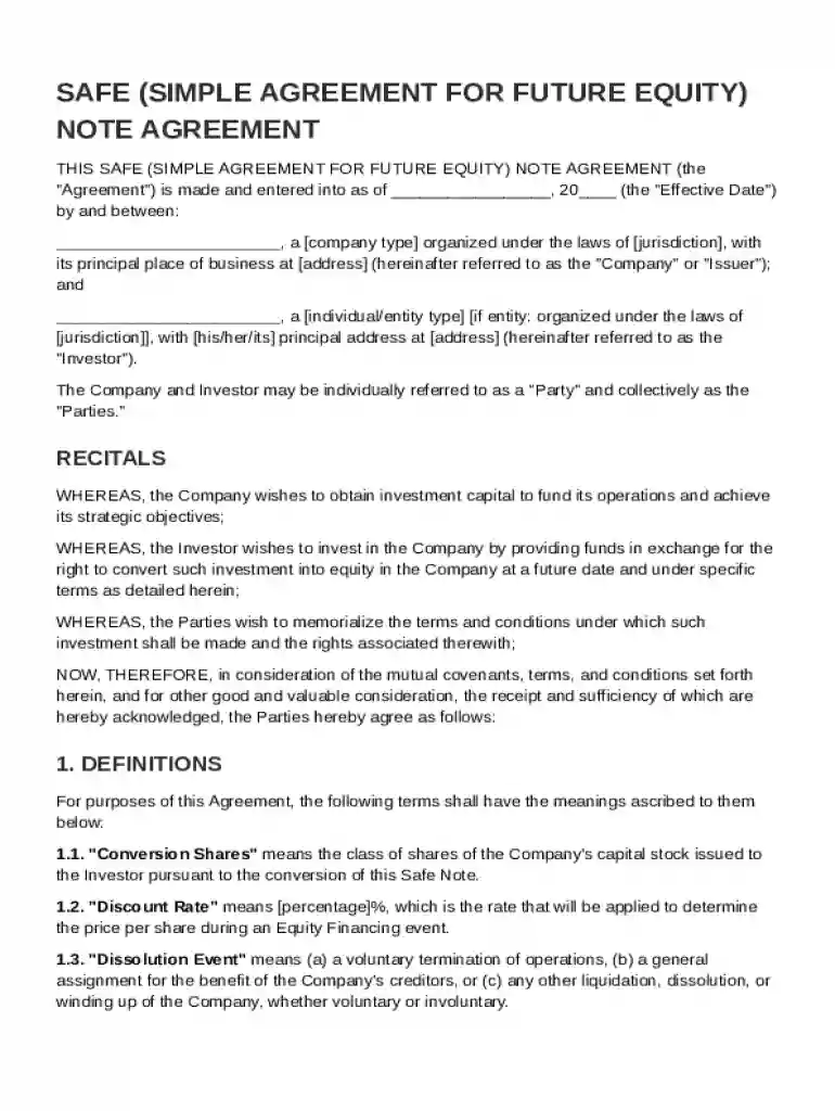 Safe Note Agreement Template Preview on Page 1