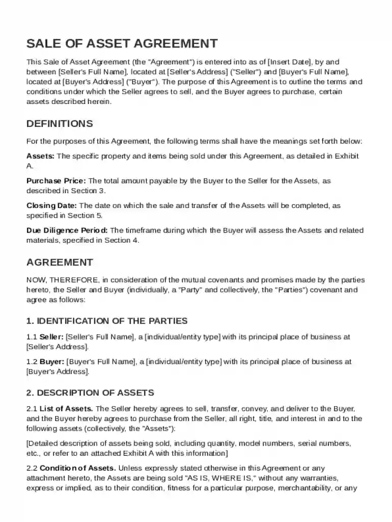 Sale of Asset Agreement Template Preview on Page 1