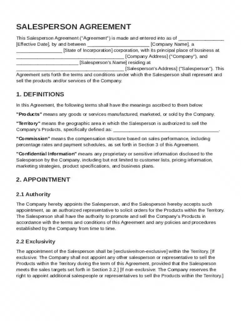 Saleperson Agreement Template Preview on Page 1