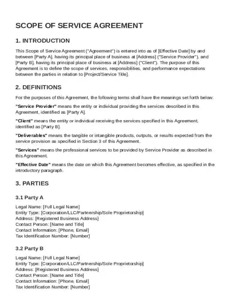 Scope of Service Agreement Template Preview on Page 1