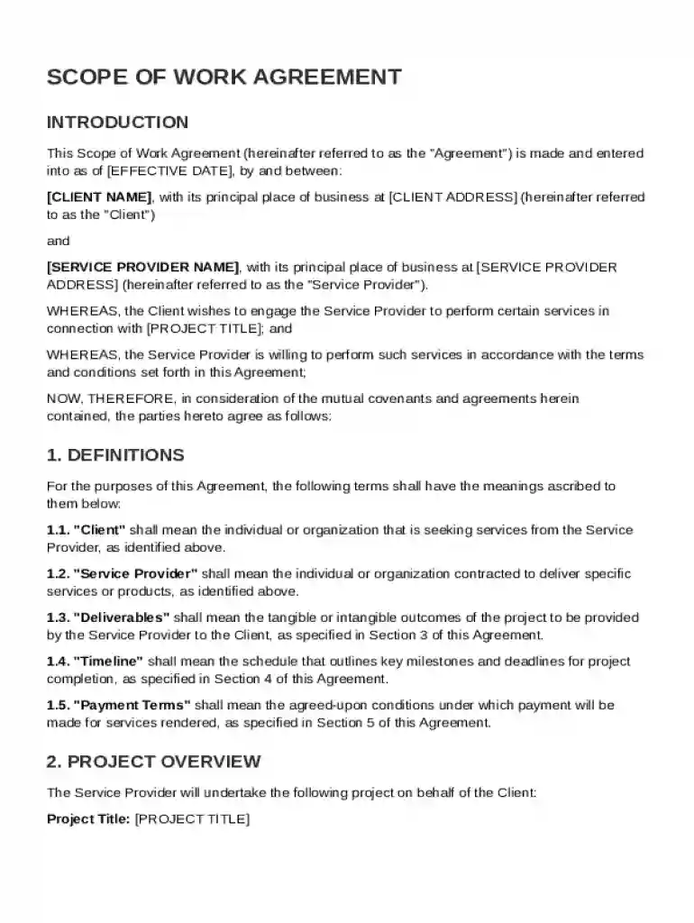 Scope of Work Agreement Template Preview on Page 1