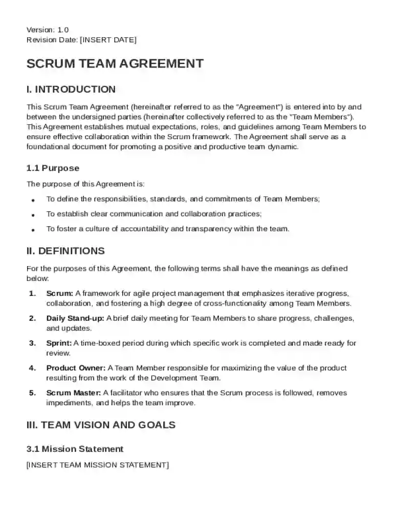 Scrum Team Agreement Template Preview on Page 1