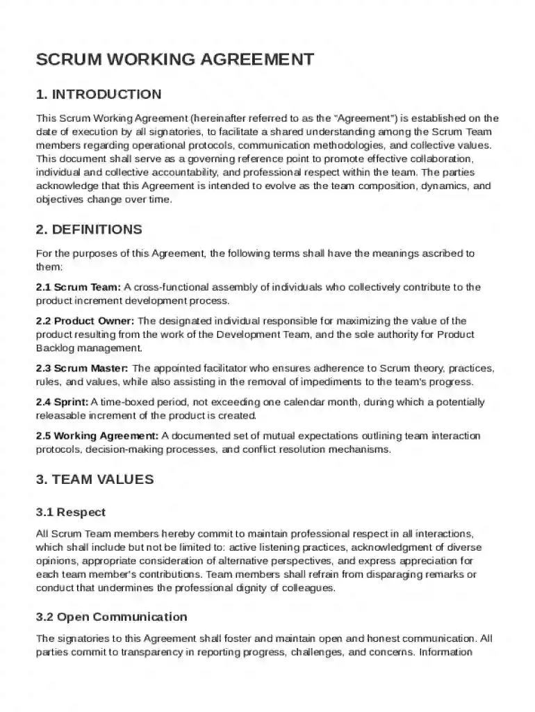 Scrum Working Agreement Template Preview on Page 1