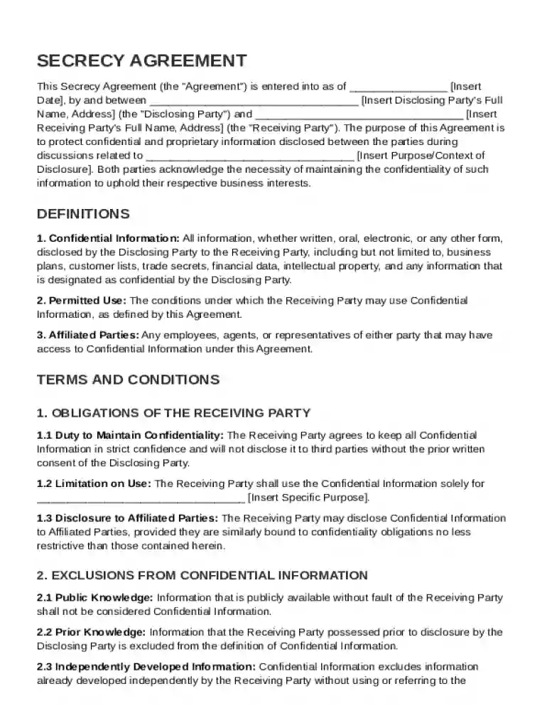 Secrecy Agreement Template Preview on Page 1