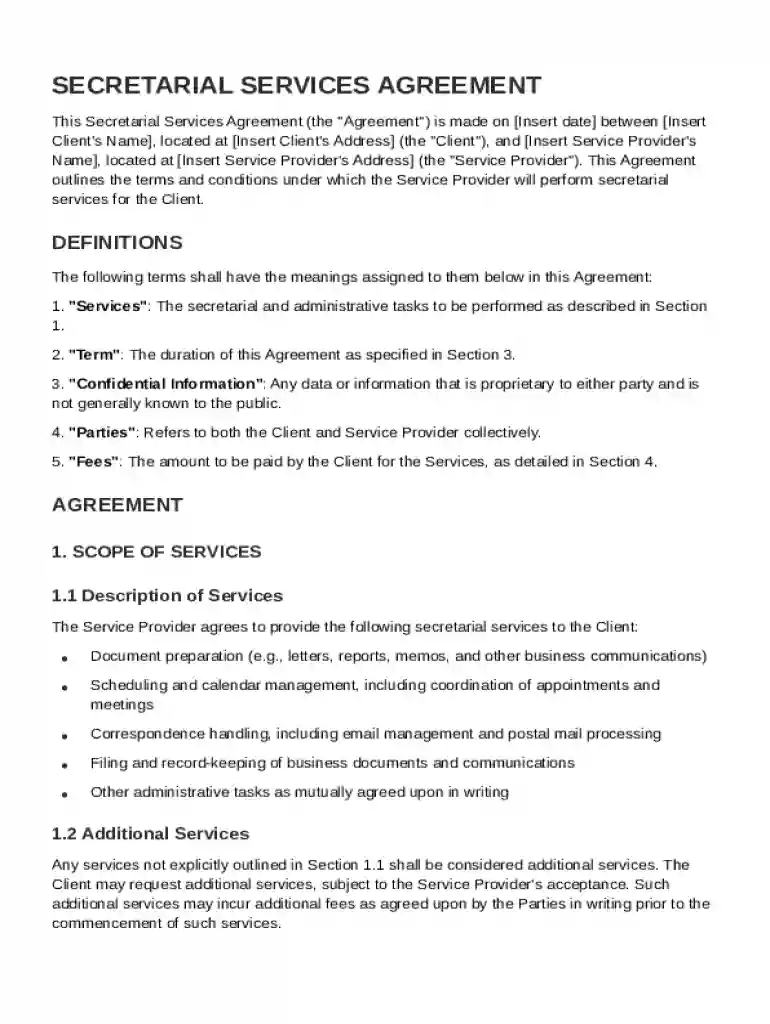 Secretarial Service Agreement Template Preview on Page 1