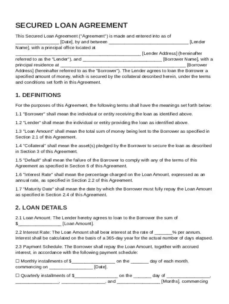 Secured Loan Agreement Template Preview on Page 1