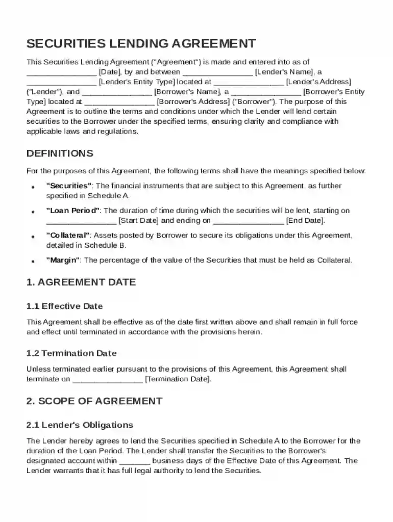 Securities Lending Agreement Template Preview on Page 1