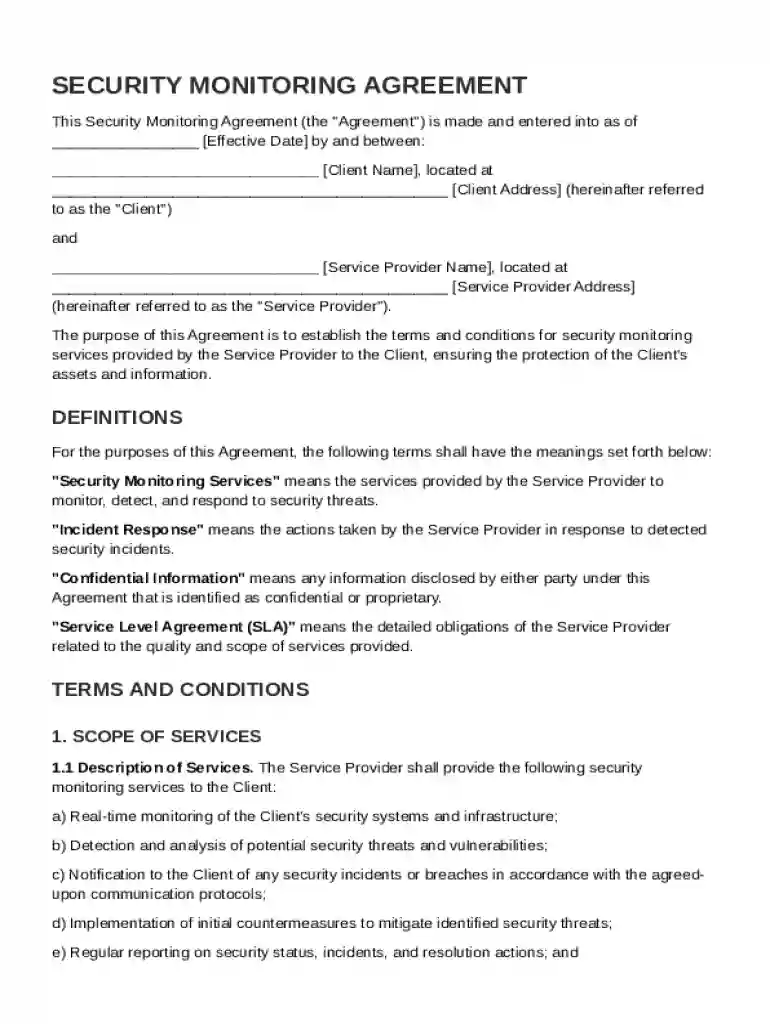 Security Monitoring Agreement Template Preview on Page 1