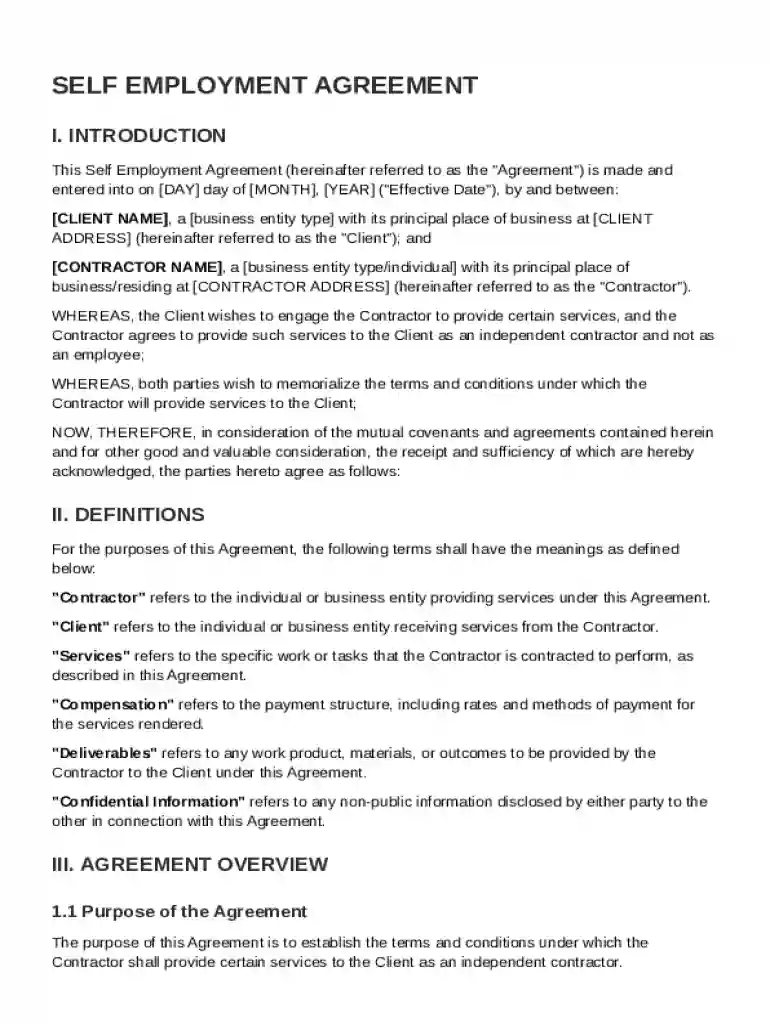 Self Employment Agreement Template Preview on Page 1