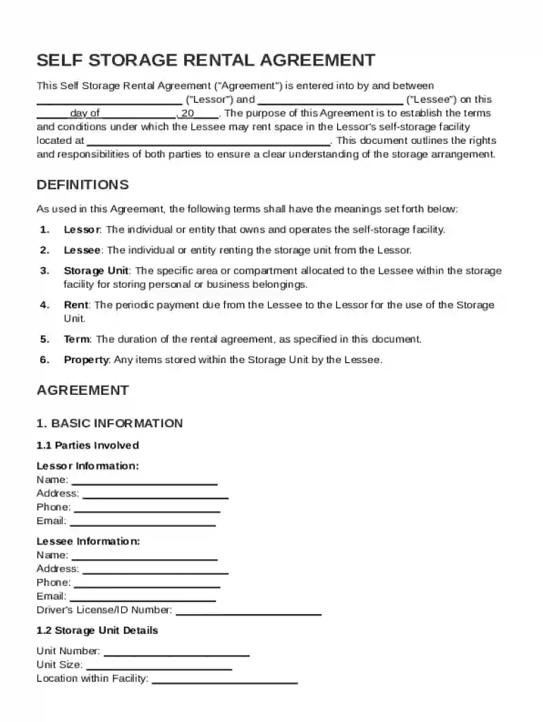 Self Storage Rental Agreement Template Preview on Page 1