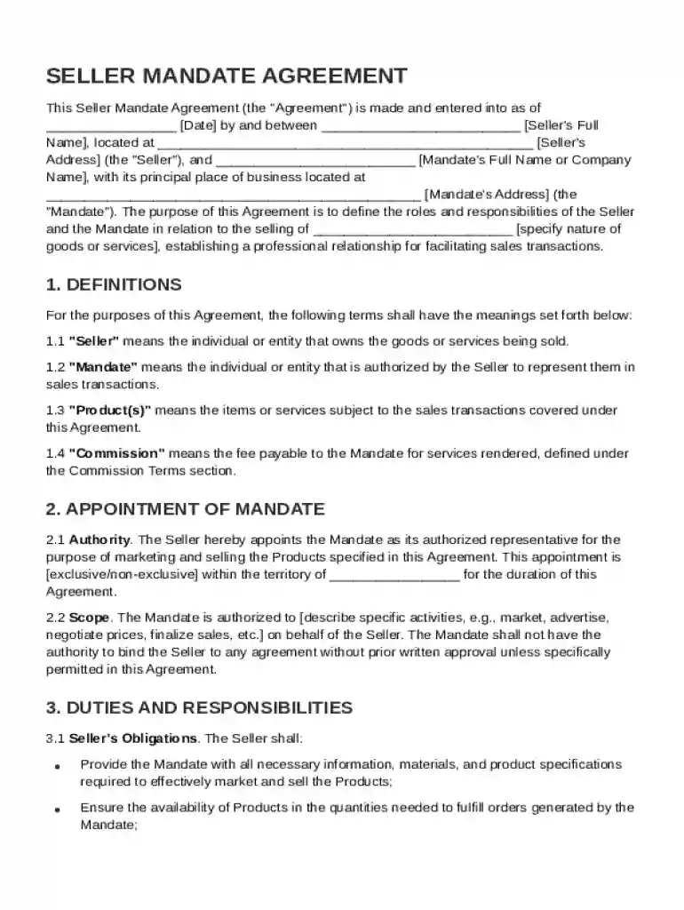 Seller Mandate Agreement Template Preview on Page 1