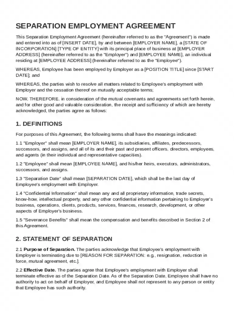 Separation Employment Agreement Template Preview on Page 1