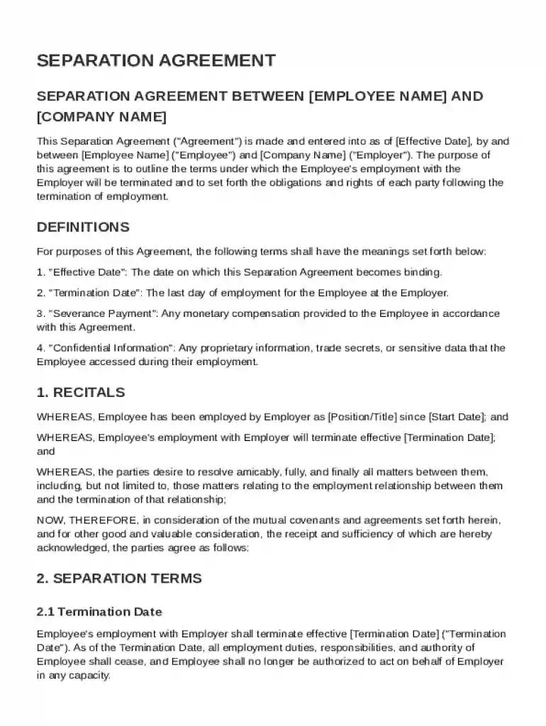 Seperation Agreement Template Preview on Page 1