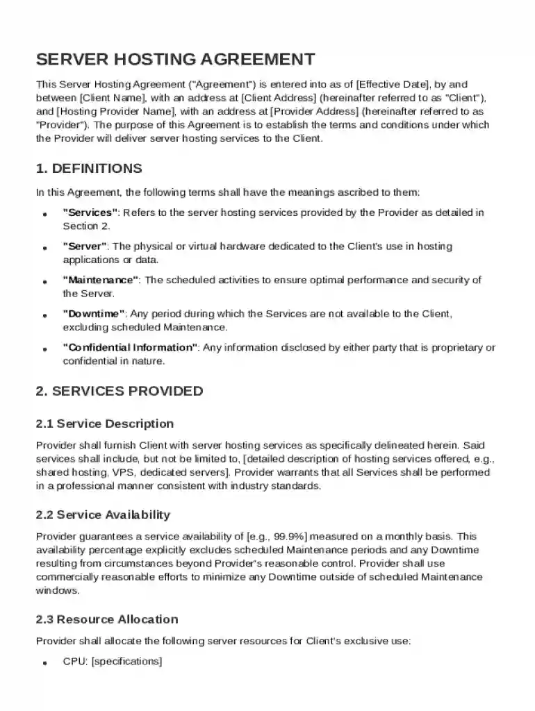 Server Hosting Agreement Template Preview on Page 1