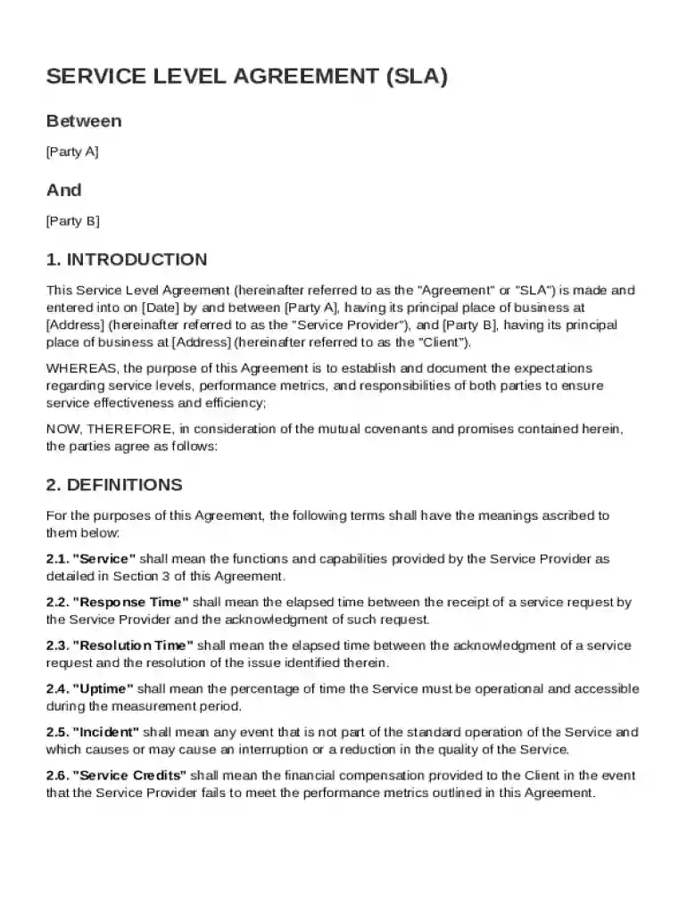 Service Level Agreement Template Preview on Page 1