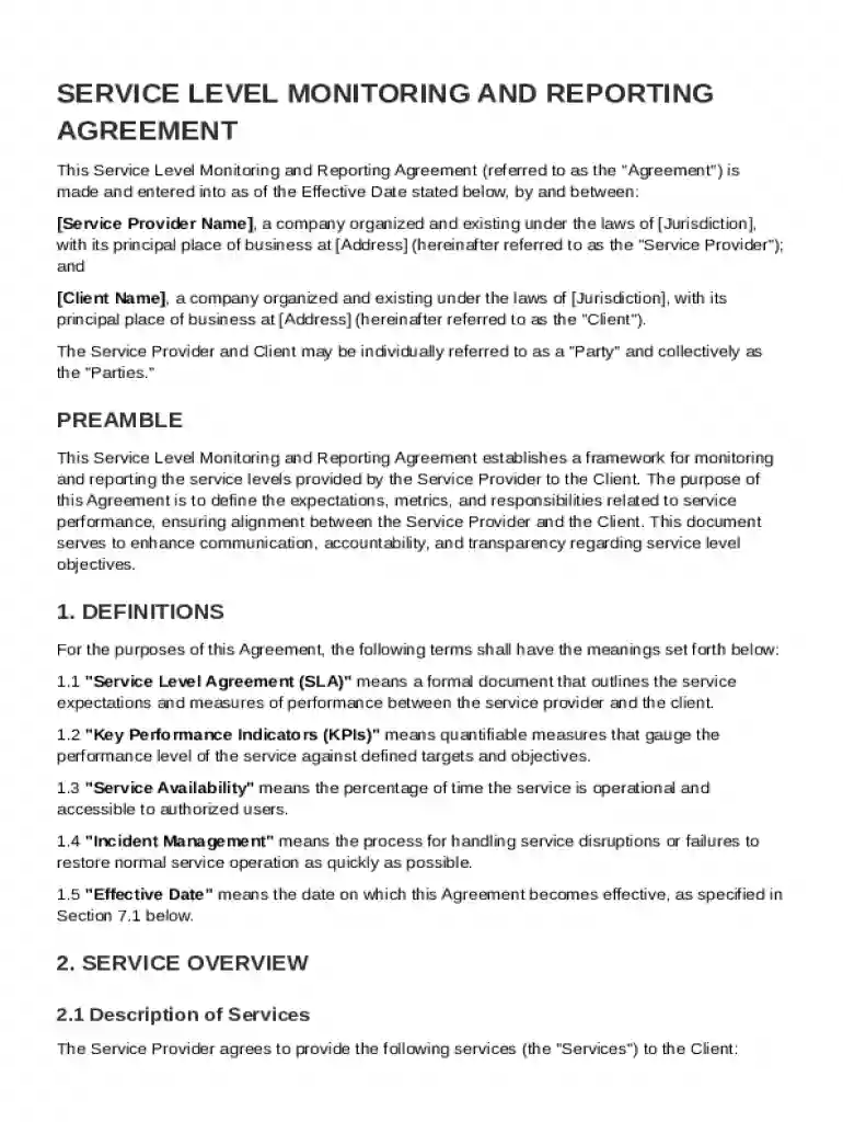 Service Level Monitoring and Reporting Agreement Template Preview on Page 1