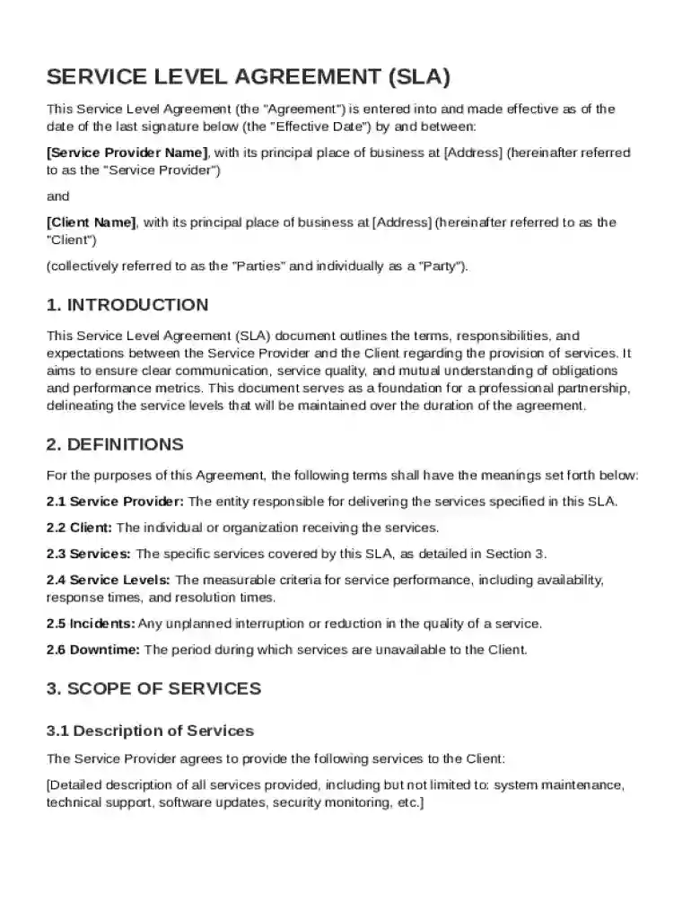 Service Level Sla Agreement Template Preview on Page 1