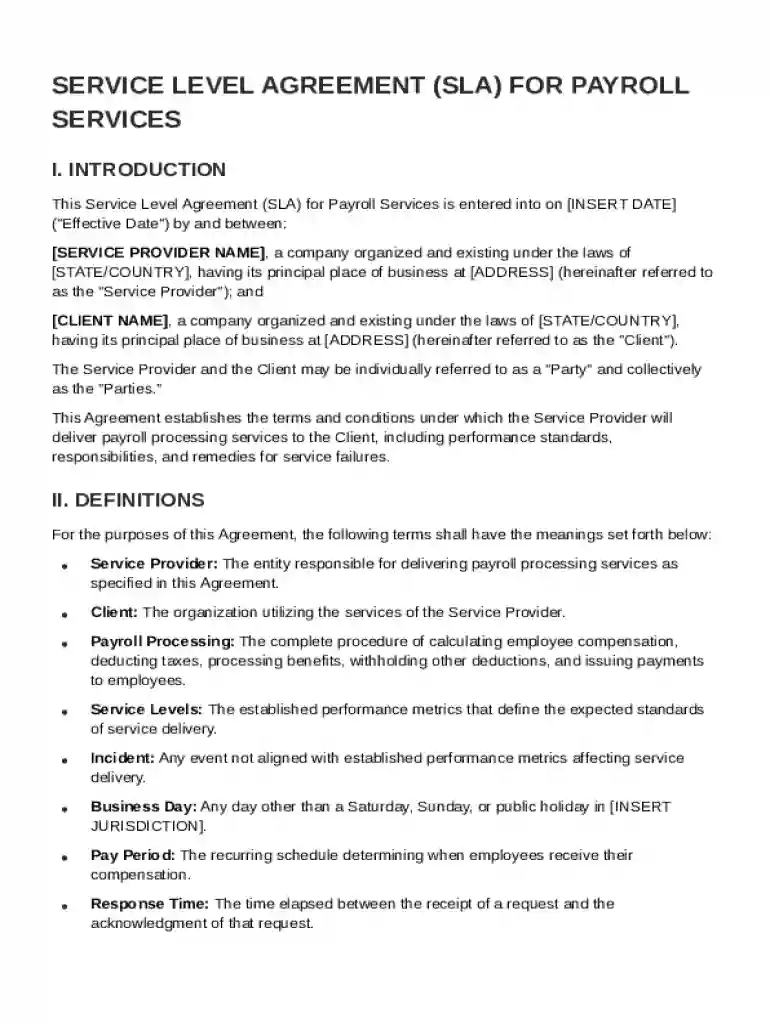 Service Level for Payroll Agreement Template Preview on Page 1