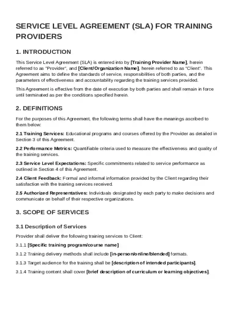 Service Level for Training Providers Agreement Template Preview on Page 1