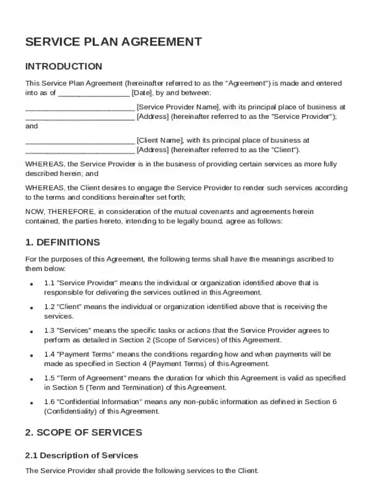 Service Plan Agreement Template Preview on Page 1