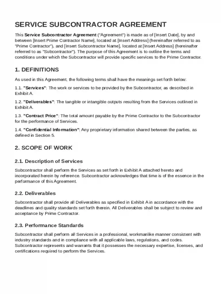 Service Subcontractor Agreement Template Preview on Page 1