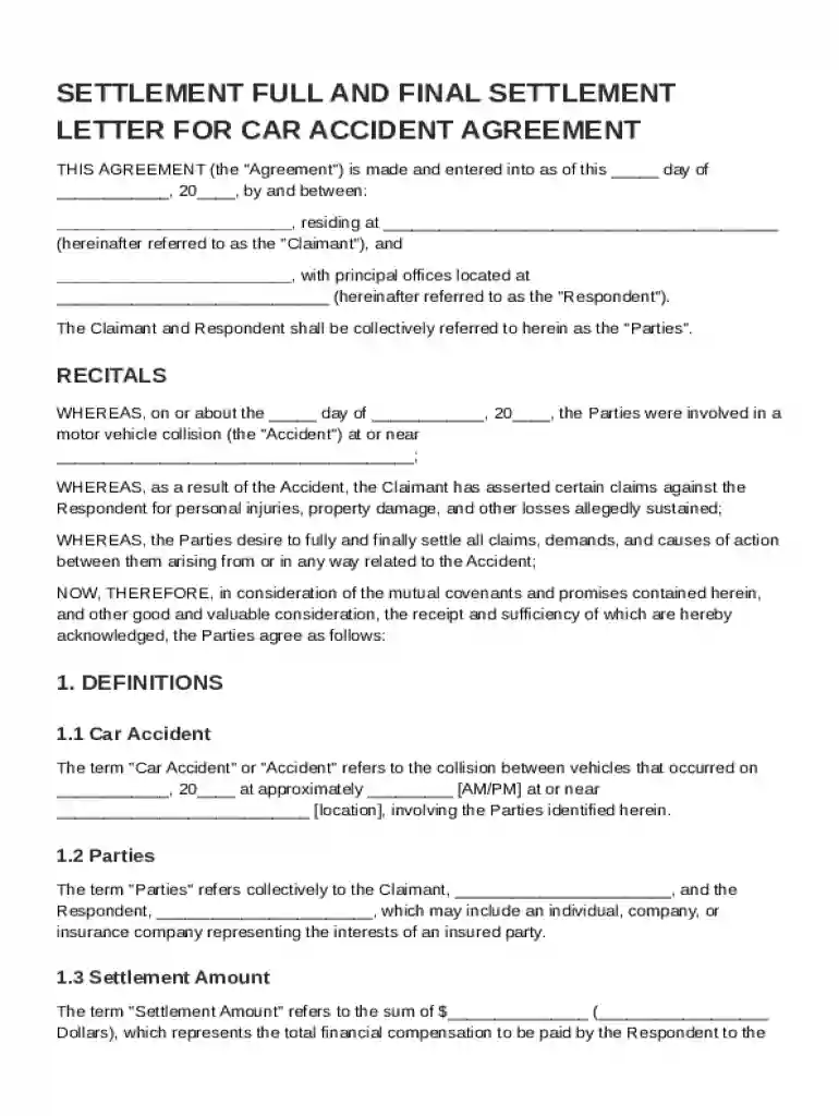 Settlement Full and Final Settlement Letter Car Accident Agreement Template Preview on Page 1