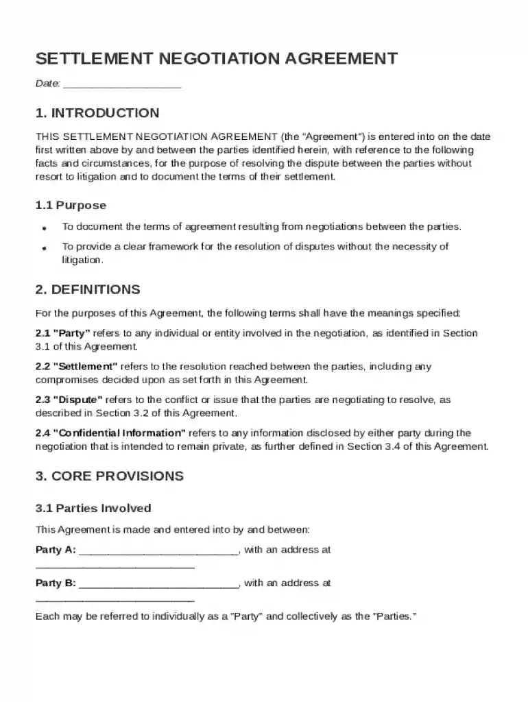 Settlement Negotiation Agreement Template Preview on Page 1